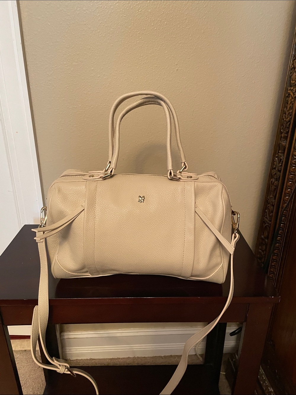 Ora Delphine Cream Pebbled Leather Satchel with Removable Strap